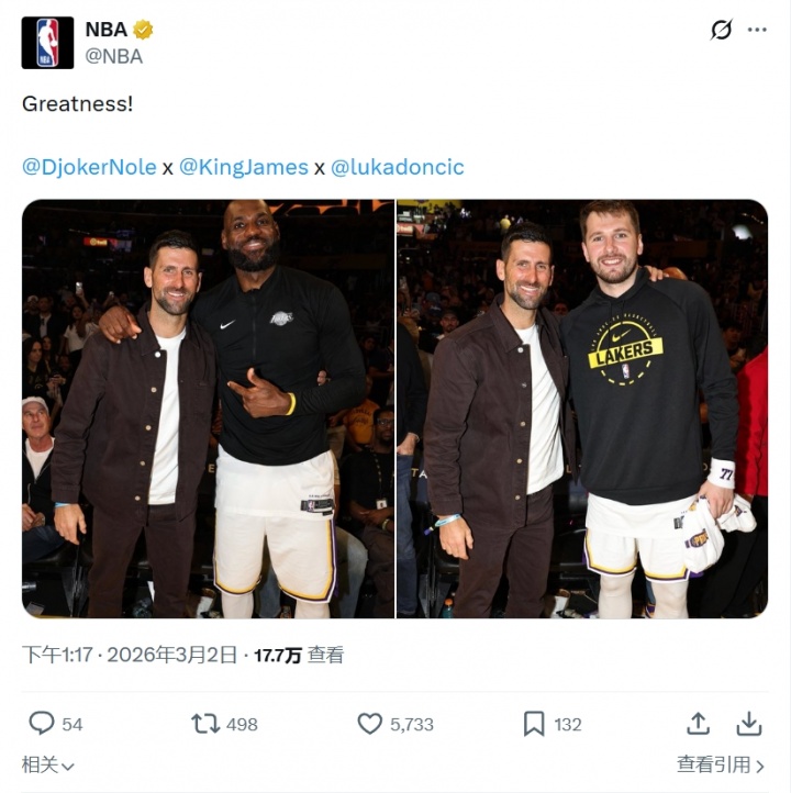 九游娱乐-NBA官方晒德约科维奇与詹姆斯&amp;东契奇合影：伟大！